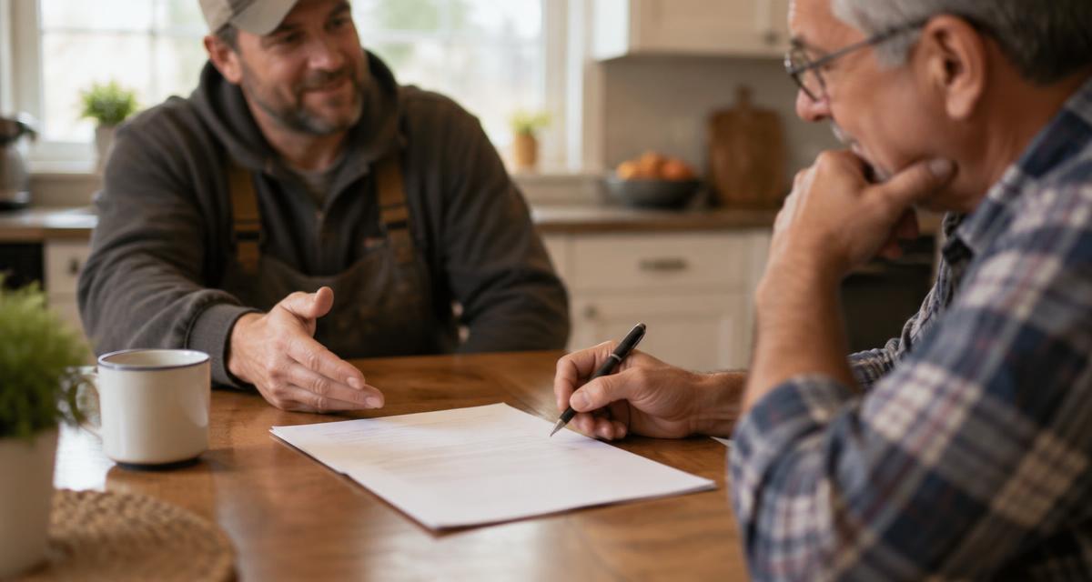 A contractor and a homeowner seated at a kitchen table with a contract and a pen between them