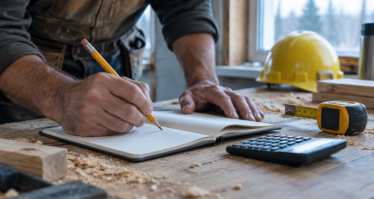 A contractor's hands writing in a blank notebook with a pencil beside a tape measure