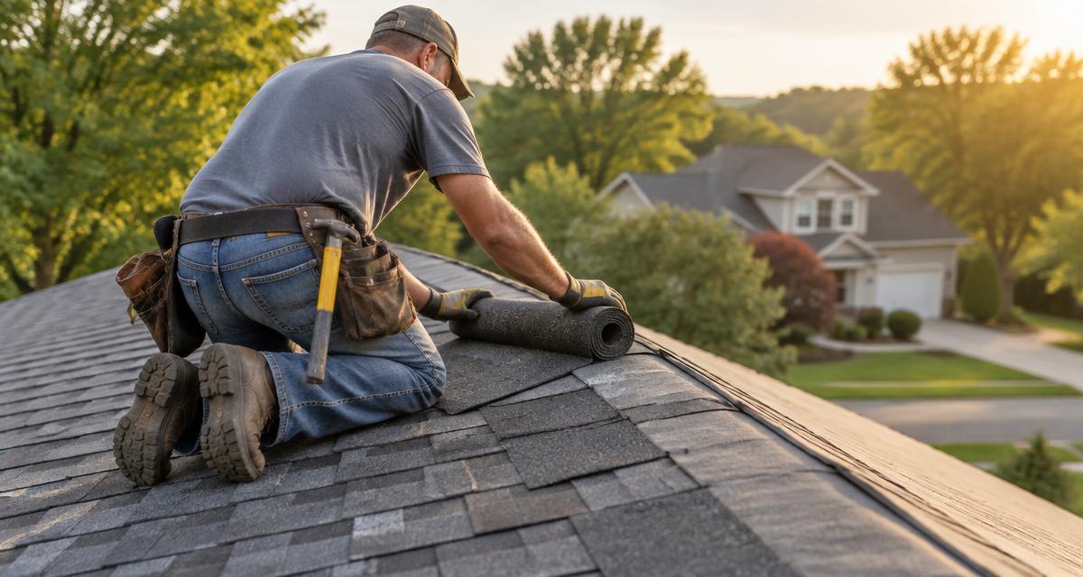 A roofer kneeling near the ridge of an asphalt shingle roof, unrolling a new bundle of shingles
