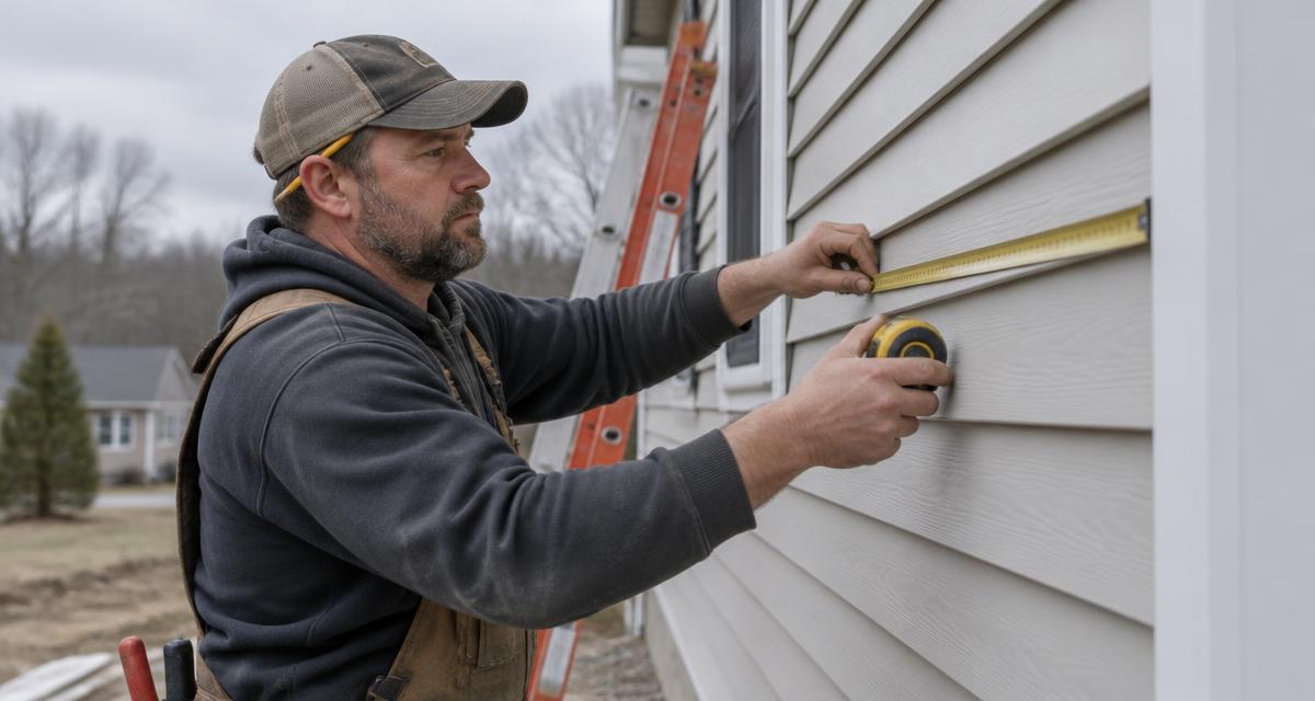 A siding installer holding a tape measure against a wall of new vinyl lap siding