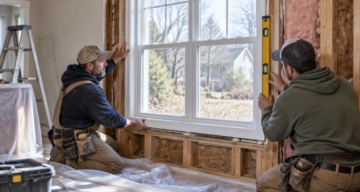 Two installers fitting a white vinyl replacement window into an opened wall opening